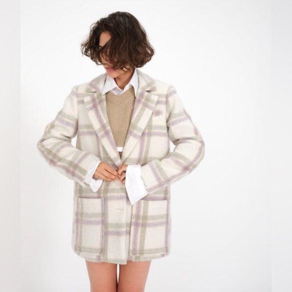For Love And Lemons Size Large Cream Pastel Plaid Oversized Blazer Pea coat L - Picture 5 of 14